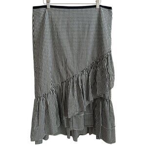 Ann Taylor Gingham Asymmetric Ruffle Midi Skirt Black‎ White 12 Euro Summer